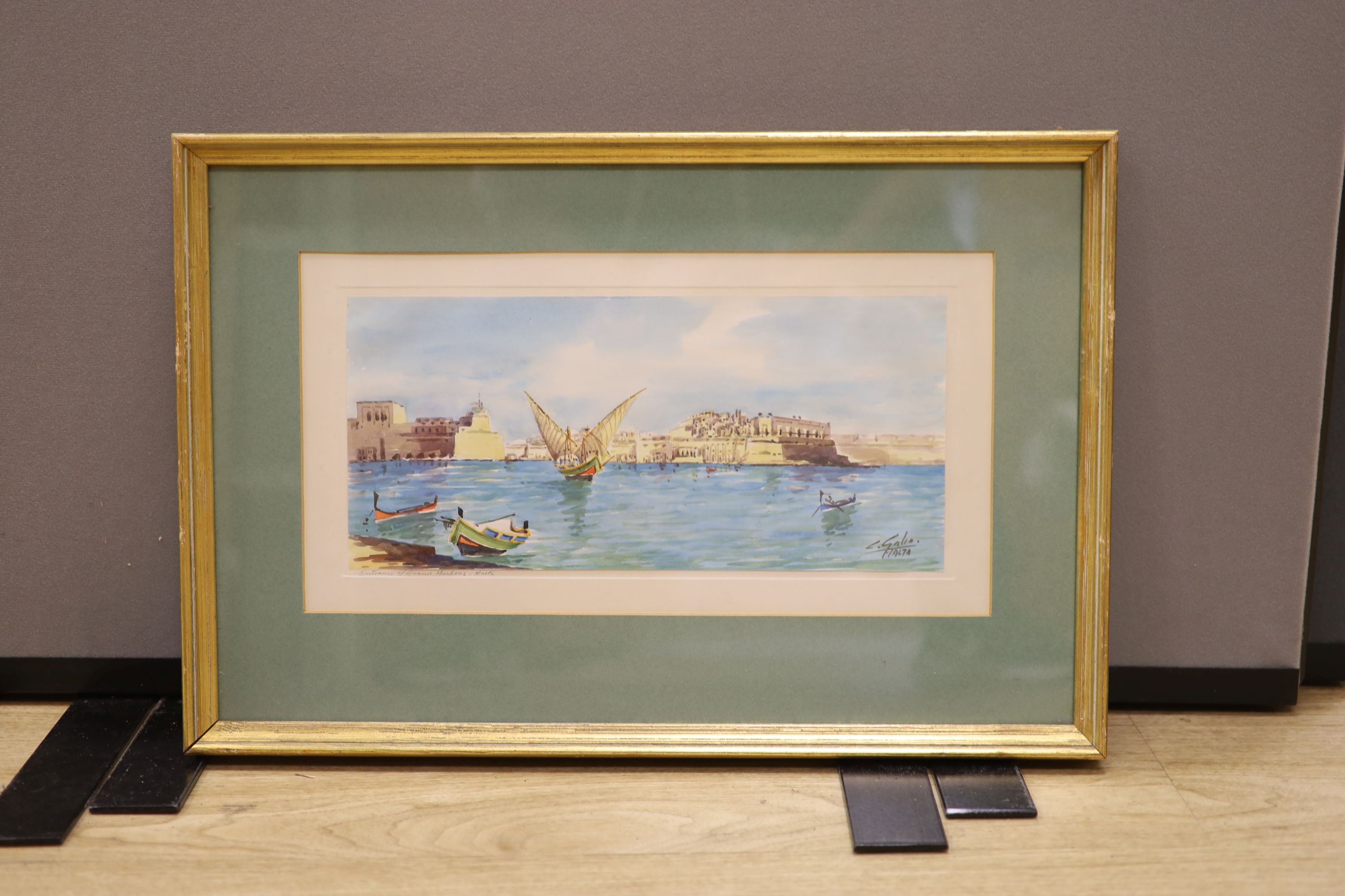 Galea, watercolour, Entrance of Grand Harbour, Malta, signed, 16 x 34cm